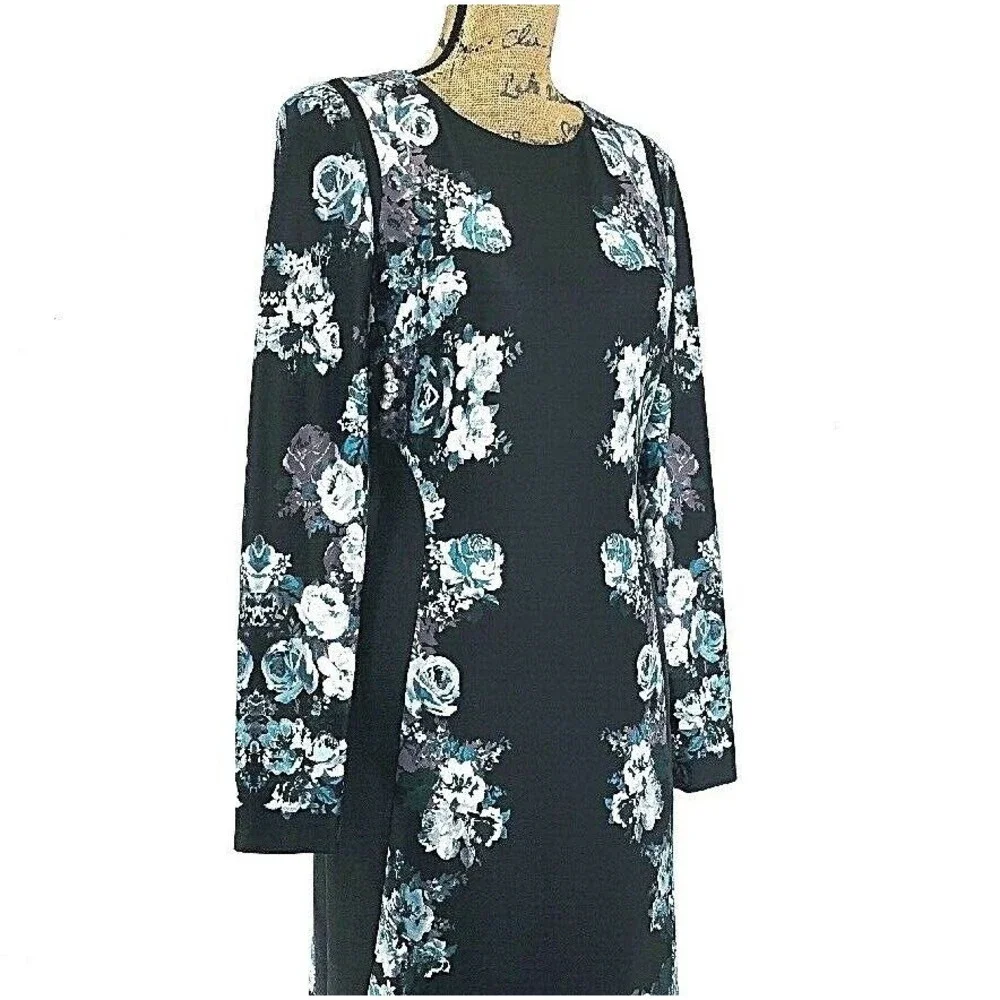 Antonio Melani Dress 6 Black Muted Purple Teal Floral Long Sl‎ Stretch